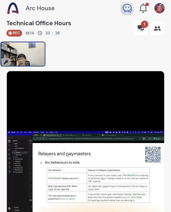A screenshot of a video call or livestream titled 'Arc House Technical Office Hours' with a 'REC BETA' indicator, showing a person in a webcam view and a presentation slide about 'Relayers and paymasters' Arc behaviours.