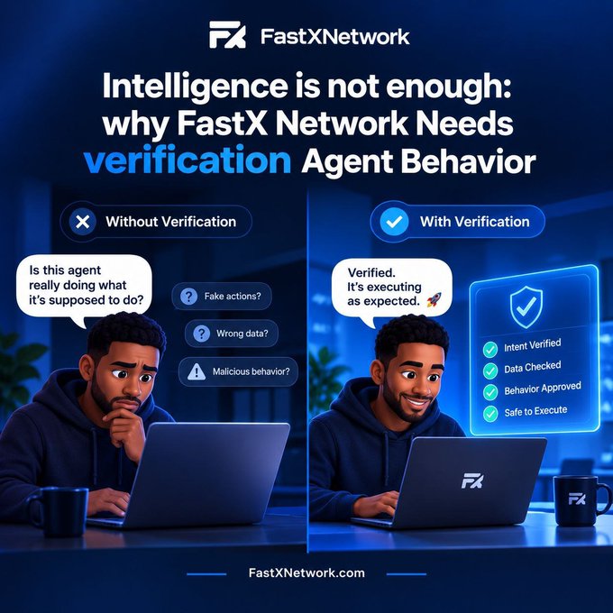 A FastXNetwork advertisement titled 'Intelligence is not enough: why FastX Network Needs verification Agent Behavior,' showing a split-screen comparing an unverified agent worried about fake actions, wrong data, and malicious behavior versus a verified agent with intent, data, and behavior checks approved.