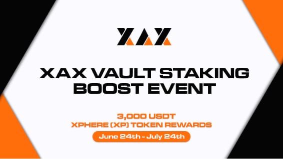 A promotional graphic for 'XAX VAULT STAKING BOOST EVENT' offering 3,000 USDT XPHERE (XP) TOKEN REWARDS from June 24th - July 24th, featuring an orange and black geometric design with the XAX logo.