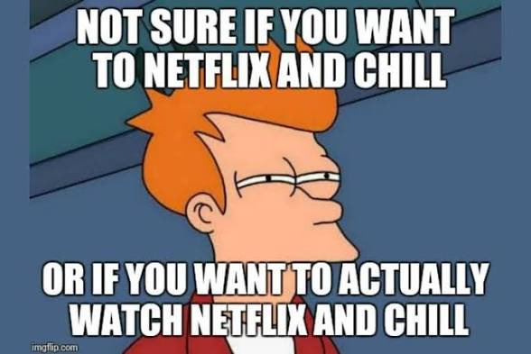 The image is a "Futurama Fry" meme with the character squinting suspiciously, paired with text reading "NOT SURE IF YOU WANT TO NETFLIX AND CHILL" on top and "OR IF YOU WANT TO ACTUALLY WATCH NETFLIX AND CHILL" on the bottom. It humorously plays on the double meaning of "Netflix and chill," connecting to the $NFLX stock ticker referenced in the accompanying post.