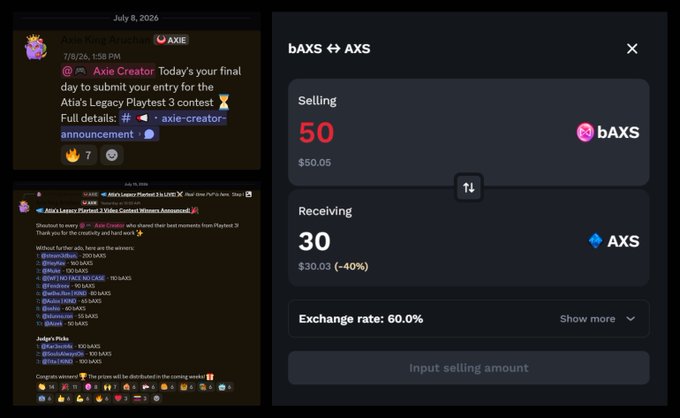 A cryptocurrency exchange interface showing a swap of bAXS to AXS tokens (50 bAXS for 30 AXS at a 60% exchange rate), alongside a Discord announcement about the Axie Legacy Playlist 3 contest.