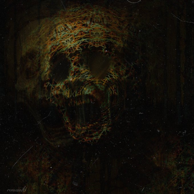 A dark, eerie digital artwork featuring a skull-like figure with glowing green and orange wireframe patterns forming the face shape against a black background, signed 'romunli' in the corner.