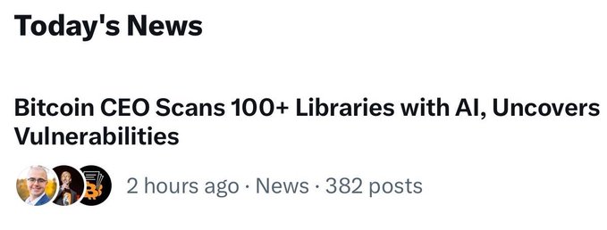 A news headline reads 'Today's News' with the article 'Bitcoin CEO Scans 100+ Libraries with AI, Uncovers Vulnerabilities,' posted 2 hours ago in the News category with 382 posts.