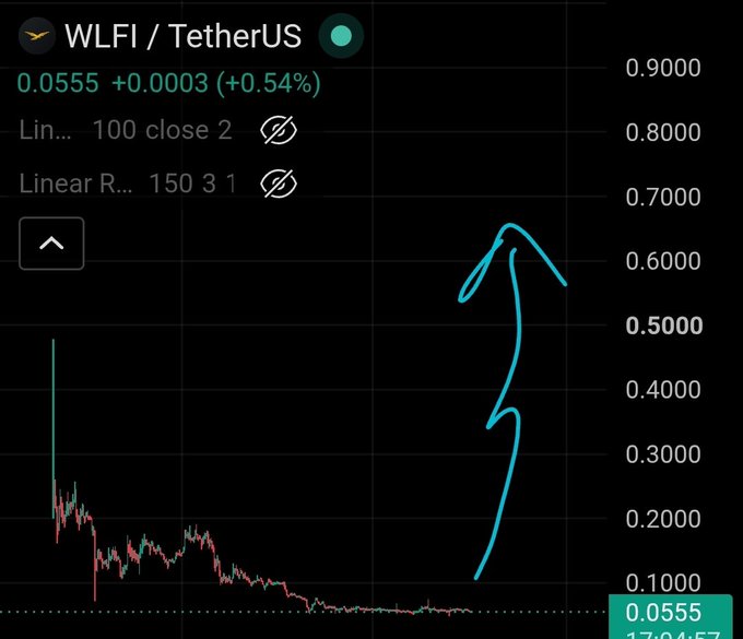 A TradingView chart of WLFI/TetherUS showing a current price of 0.0555 (+0.54%), with a hand-drawn arrow illustrating a massive spike from around 0.10 to 0.65 and back down.