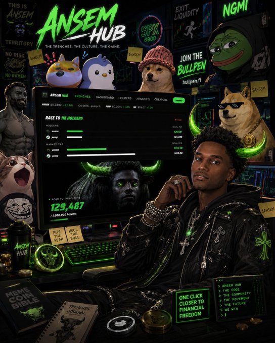 A promotional image for 'ANSEM HUB' featuring a young man in a black leather outfit with cross jewelry, sitting at a gaming setup with a cat, dog, and penguin characters, alongside an 'ANSEM HUB' website screenshot and various crypto/internet culture imagery.