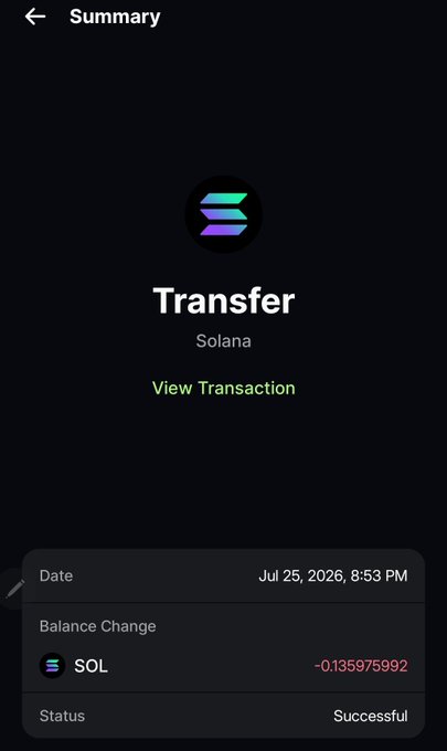 A screenshot of a Solana wallet showing a successful Transfer transaction of -0.135975992 SOL dated July 25, 2026, at 8:53 PM, likely confirming the $10 SOL giveaway mentioned in the post to @popeofsolana.