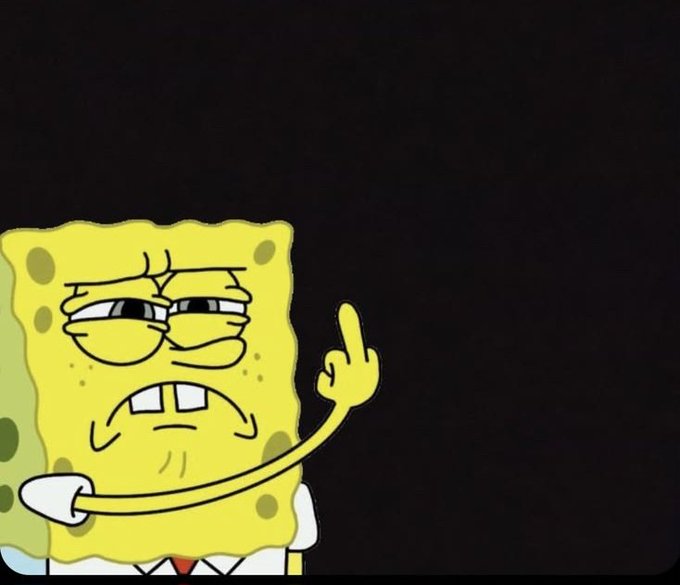SpongeBob SquarePants displays an annoyed, skeptical expression with half-lidded eyes and a frown, raising his middle finger against a black background.