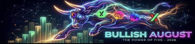 A vibrant neon bull charges across a futuristic cityscape backdrop, surrounded by glowing cryptocurrency icons including X, a green token, W, and other symbols. The bold text "BULLISH AUGUST" with the tagline "THE POWER OF FIVE - 2026" reinforces the bullish market sentiment for August 2026, aligning with the optimistic #PulseChain outlook.