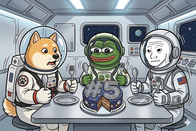 The image features a cartoon scene of three cartoon characters, including a dog wearing an astronaut suit, sitting at a table with plates of food. The character on the left has a plate of food, while the other two characters have plates as well. A cake is placed in front of them, and there are spoons nearby. The post that accompanies this image reads: "Fresh out the oven: #5 MrAsteroid". This phrase refers to the number 5, which could be interpreted as a reference to the character's position or rank within their mission.
