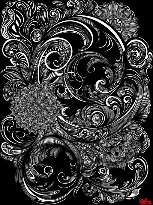 An intricate black and white ornamental decorative artwork featuring elaborate swirling floral and paisley patterns with mandala-like circular designs on a dark background.