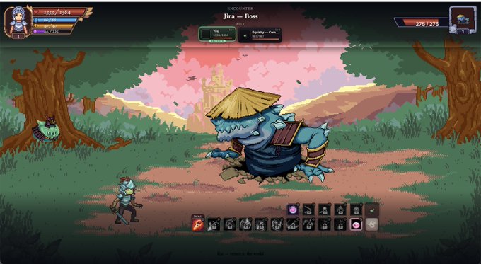 A pixel-art video game scene shows a character facing a "Jira - Boss" enemy labeled "ENCOUNTER ALLY Squirey" with health bars reading "1333/1384" for the player and "275/275" for the enemy, directly reflecting the gameplay experience of "Fabled Chronicles" highlighted in the caption.