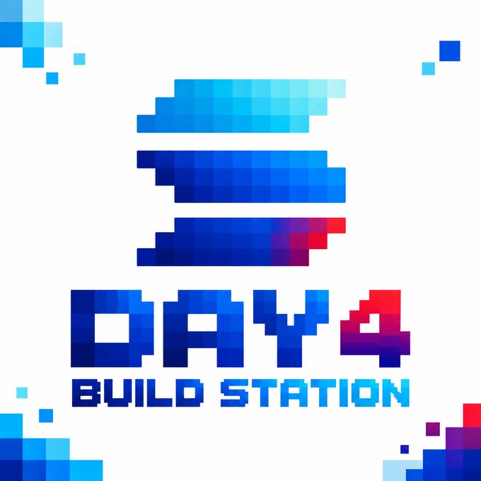 A pixel-art style logo featuring a blue and red block design with the text 'DAY 4 BUILD STATION'.