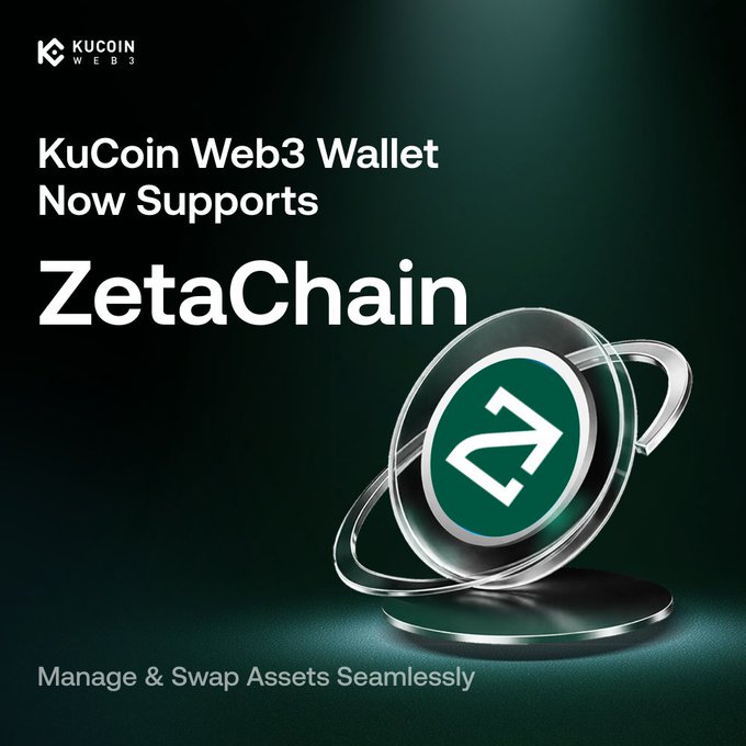 A promotional graphic announcing that KuCoin Web3 Wallet now supports ZetaChain, featuring the KuCoin Web3 logo, the text "KuCoin Web3 Wallet Now Supports ZetaChain," the ZetaChain logo on a circular pedestal, and the tagline "Manage & Swap Assets Seamlessly."