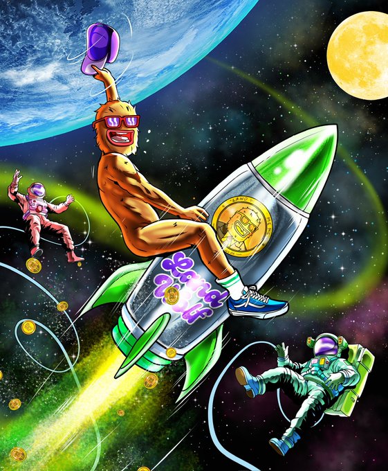 A vibrant digital illustration depicts a fur-covered figure wearing sunglasses riding a rocket through outer space, with astronauts, coins, and Earth in the background.