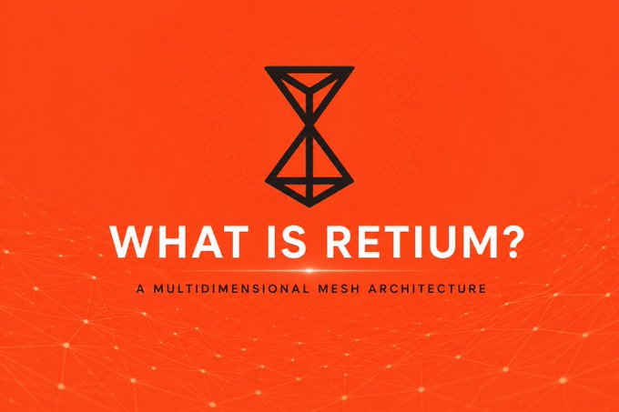 The image features an orange background with white text that reads "What is Retium? A multidimensional mesh architecture" above a black diamond logo, which is a symbol often associated with interconnected networks or mesh structures. The text also includes the word "Retium" and "chain", possibly referring to the network's name or the concept of interconnected data.