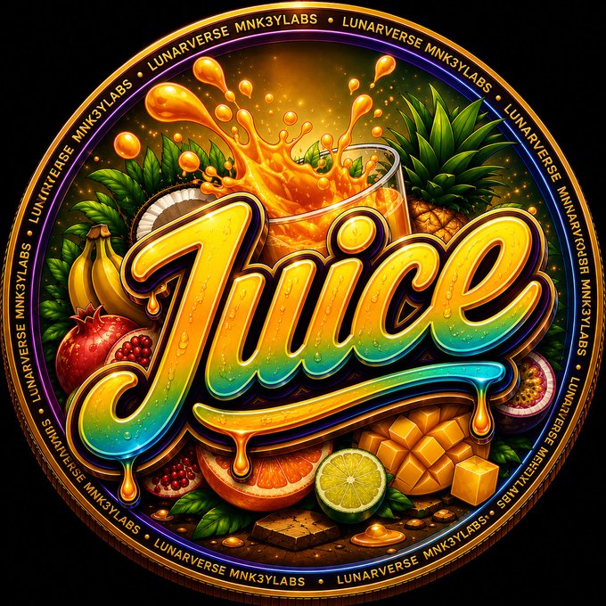 A vibrant, circular digital illustration featuring the word 'Juice' in stylized, colorful 3D lettering surrounded by various fruits, with the text 'LUNARVERSE MNK3YLABS' repeated around the border.