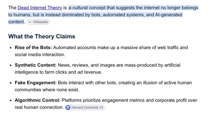 A text excerpt about the 'Dead Internet Theory' explains claims including the rise of bots, synthetic content, fake engagement, and algorithmic control, sourced from Wikipedia and Harvard University.