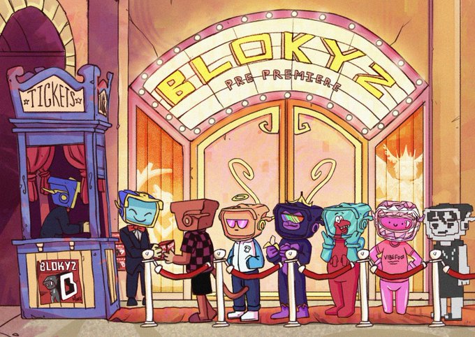 A vibrant cartoon illustration depicts various quirky NFT character avatars lined up on a red carpet outside a theater marquee displaying "BLOKYZ PRE-PREMIERE," with a ticket booth labeled "TICKETS" and "BLOKYZ B" on the left. The image captures the premiere excitement for the OriginalBlokyz project mentioned in the post, where the author reveals there will be no whitelist stage and instead a public raffle.