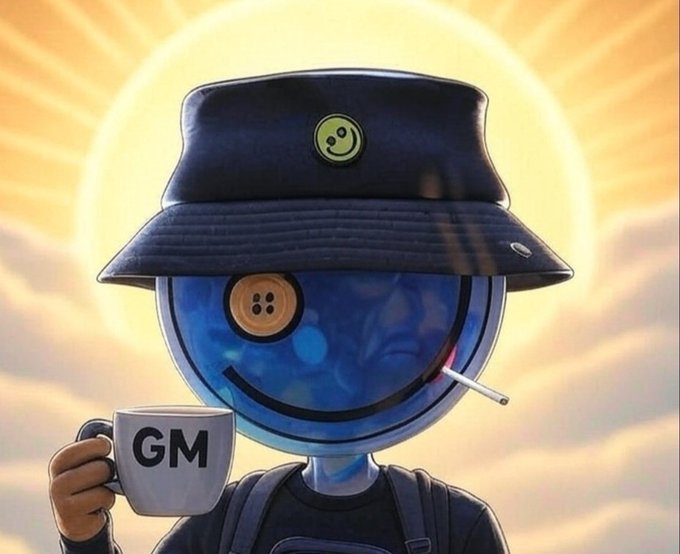 An AI-generated image shows a character with a blue smiley face, a button eye, a smoking cigarette, a bucket hat with a smiley pin, and holding a mug labeled 'GM' against a sunny sky backdrop.