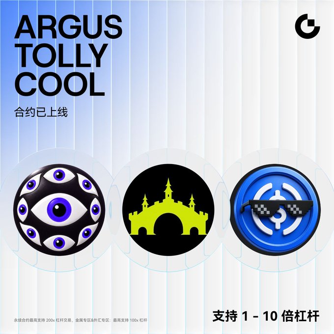 A promotional graphic for 'ARGUS TOLLY COOL' showing three circular icons (eyes, a yellow castle, and a cool glasses symbol) with Chinese text indicating leverage support of 1-10x.