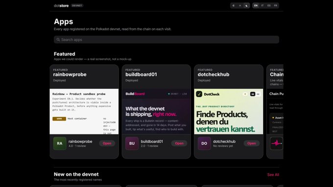 A screenshot of the 'dotstore' website showing a directory of apps, with featured cards for 'rainbowprobe', 'buildboard01', 'dotcheckhub', and 'Chain'. The text 'Apps' and 'Featured' is visible.