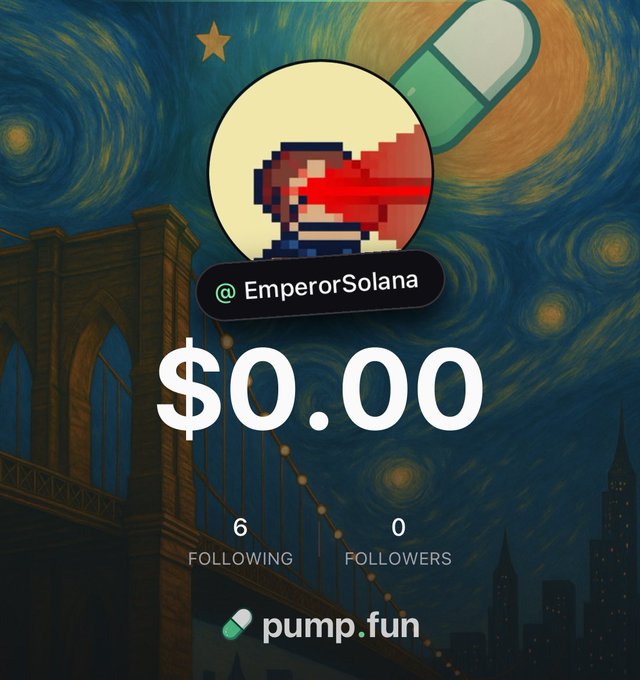 A pump.fun profile page for "@EmperorSolana" showing a pixel art character avatar, with $0.00 displayed prominently, 6 following, 0 followers, against a Starry Night-style background featuring a bridge.