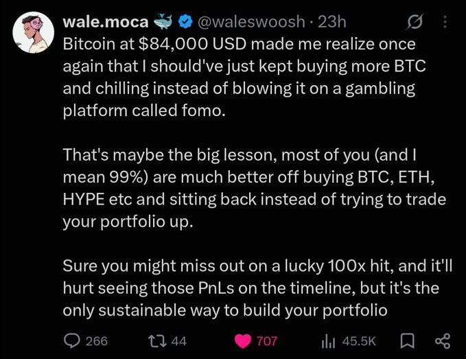A tweet from @waleswoosh (wale.moca) reflecting that Bitcoin at $84,000 made him realize he should have kept buying BTC instead of gambling on 'fomo', advising that most people are better off buying BTC, ETH, HYPE and holding rather than actively trading.
