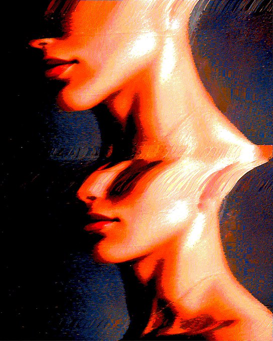 A digital painting featuring stacked, repeated profiles of a woman's face rendered in warm orange, red, and peach tones against a dark background, with a painterly, textured style.