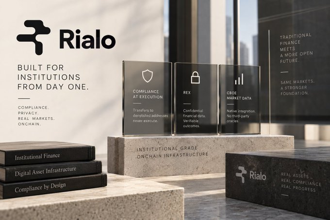 A promotional graphic for "Rialo" featuring the tagline "BUILT FOR INSTITUTIONS FROM DAY ONE," highlighting "INSTITUTIONAL GRADE ONCHAIN INFRASTRUCTURE" with features like "COMPLIANCE AT EXECUTION," "REX," and "CBOE MARKET DATA" displayed on glass panels.