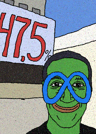 A stylized cartoon illustration of a green-skinned figure with blue mask-like markings around the eyes, standing in front of a sign displaying '47.5%'.
