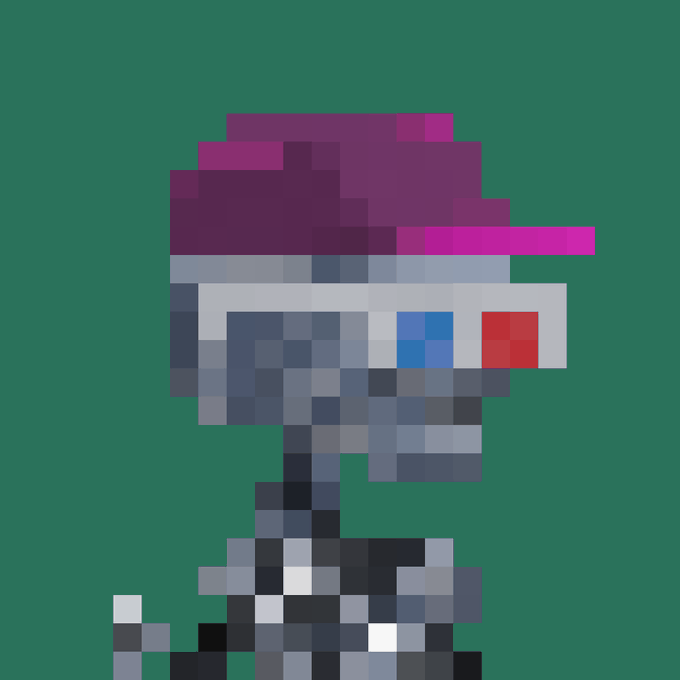A pixel art character with purple hair, a futuristic visor displaying red and blue lenses, and blue-toned armor against a dark green background.