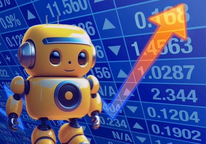 A 3D rendering of a small, yellow, rounded robot stands in front of a blue stock market board displaying various numerical values, percentage changes, and an upward-pointing red arrow.