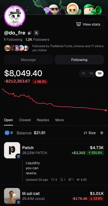 A mobile screenshot of a crypto portfolio profile (@do_fre) showing a balance of $8,049.40, down 96.3% (-$212,363.67), with a declining line graph and individual asset performances below.
