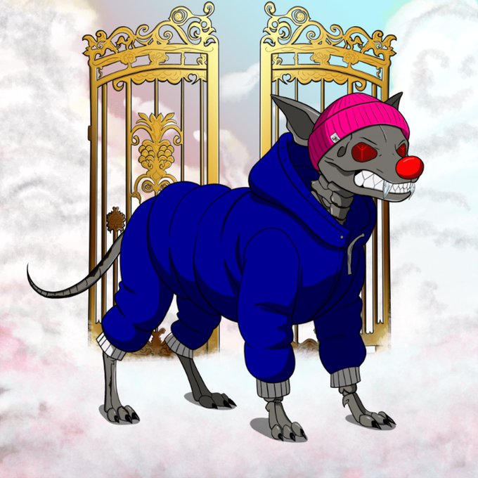 A cartoon illustration of an anthropomorphic rat or dog character wearing a blue hoodie and red beanie, standing in front of ornate golden gates in a cloudy sky, displaying red eyes and sharp teeth.