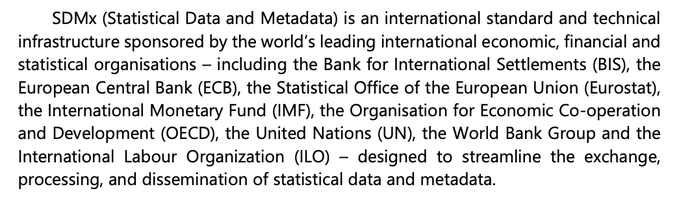 The image displays a paragraph of text introducing SDMX (Statistical Data and Metadata) as an international standard sponsored by major organizations including the BIS, ECB, Eurostat, IMF, OECD, UN, World Bank Group, and ILO, designed to streamline the exchange of statistical data and metadata. While the accompanying post promotes XRP as a future global reserve currency for moving and tokenizing trillions in liquidity, the image itself contains no mention of XRP or cryptocurrency—instead describing a traditional intergovernmental data standard, making the connection between the two tenuous at best.