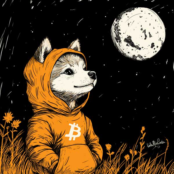 An illustrated artwork of a Shiba Inu dog wearing an orange hoodie with a white Bitcoin 'B' symbol, sitting under a night sky with a full moon.