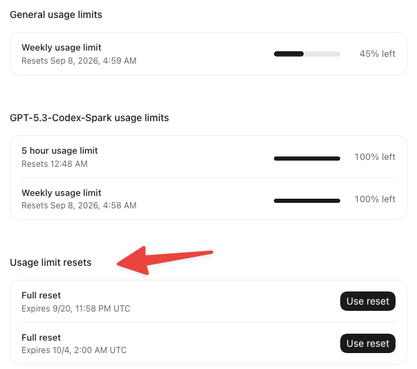 A screenshot of usage limit settings showing a weekly limit at 45% left, GPT-5.3-Codex-Spark limits at 100%, and 'Usage limit resets' section with two 'Full reset' options, highlighted by a red arrow.