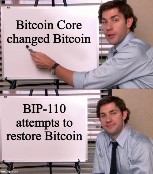 A two-panel meme showing a man at a whiteboard: the top panel reads 'Bitcoin Core changed Bitcoin' and the bottom reads 'BIP-110 attempts to restore Bitcoin'.