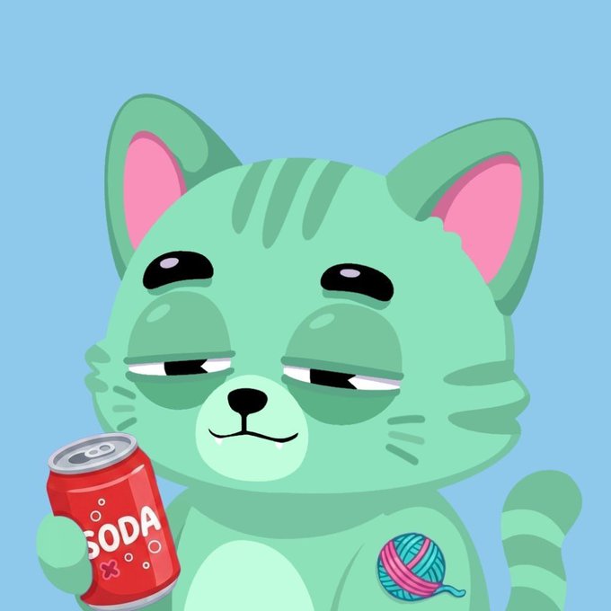 A cartoon illustration of a green tabby cat with a half-lidded, smug expression holding a red soda can, with a ball of yarn near its tail against a light blue background.