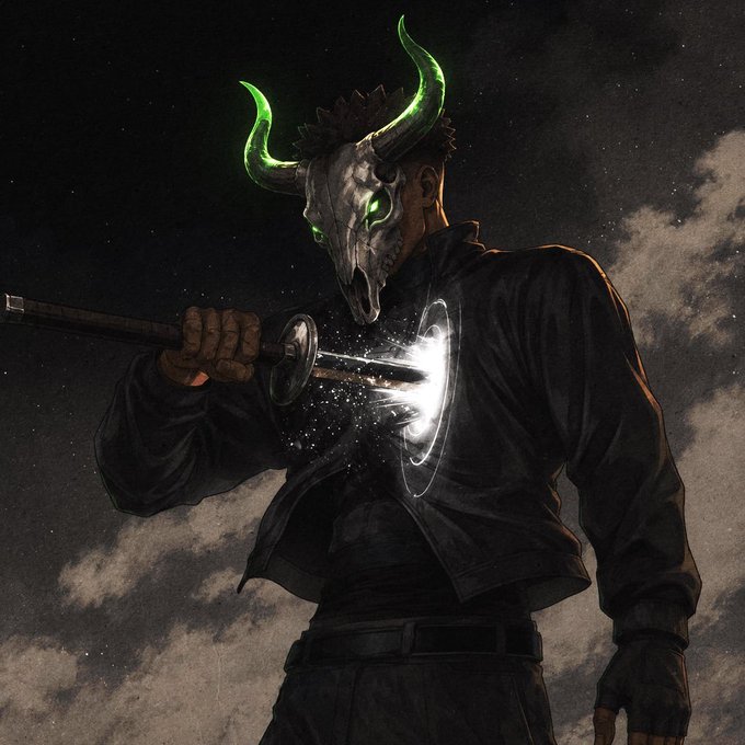 An illustrated character wearing a horned skull mask with glowing green eyes, holding a katana that is being pulled through their body, creating a glowing white slash effect against a starry night sky.