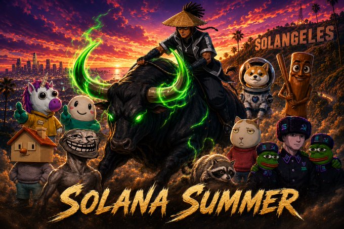 The image is a vibrant, meme-heavy promotional poster titled "SOLANA SUMMER" at the bottom and "SOLANGELES" on a hillside, featuring a warrior riding a dark, glowing green-horned bull against a sunset skyline, surrounded by iconic Solana and crypto meme characters like Dogwifhat, Bonk, and Wojak. It visually embodies the post's "Solana Summer" hype, tying the bull's green energy and the ensemble of beloved meme mascots to the bullish $SOL narrative.