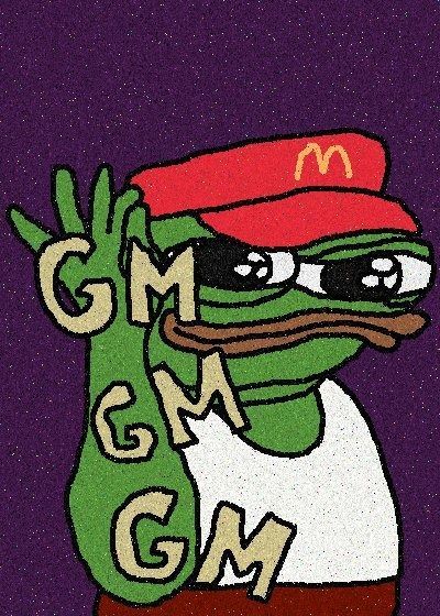 A Pepe the Frog meme illustration shows the character wearing a red McDonald's visor hat with the golden "M" logo, while holding up a hand displaying the letters "GM" repeatedly on its green arm, all set against a purple starry background.