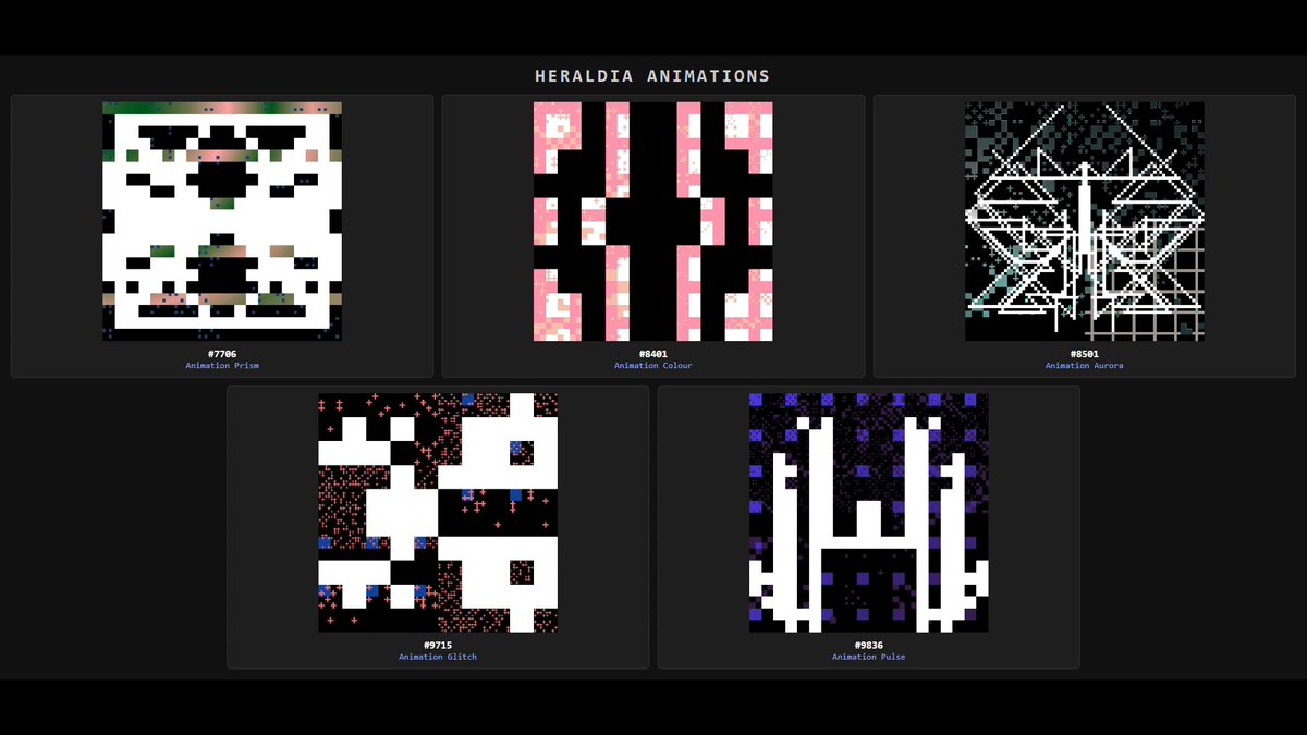The image features a grid of five different images, each with varying colors and patterns. The first image has black and white elements, while the remaining four images have more vibrant colors. The text "heralden" appears multiple times throughout the image, suggesting that this is an art project or creative endeavor related to the Heraldia animation studio.
