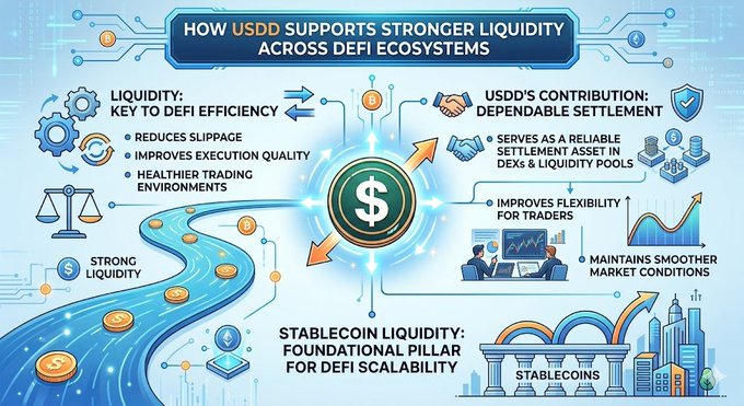 The focus of this image is a graphic that illustrates how USDC supports stronger liquidity across DeFi ecosystems by optimizing key factors such as stability, security, and scalability. The infographic also highlights the importance of stablecoin liquidity for improved trading efficiency within these decentralized financial systems.
