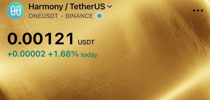 Trading app screenshot showing Harmony / TetherUS (ONEUSDT) on Binance at 0.00121 USDT, up +0.00002 (+1.68%) for the day.