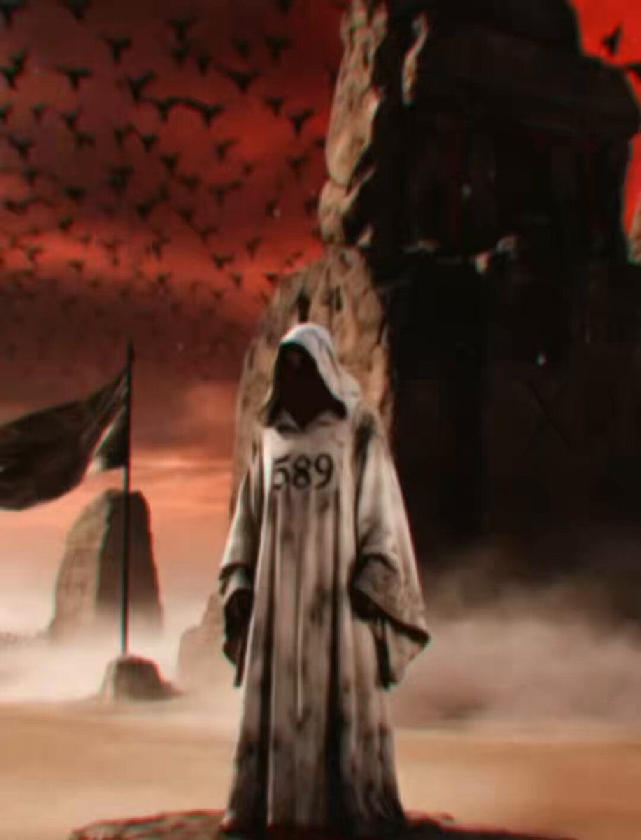 The image features a man dressed as a medieval monk standing in front of a castle, with a red sky above him. He is wearing a robe and a hooded cape, giving him an air of mystery and solitude. The surrounding area appears to be a desert or sand dune landscape, adding to the overall atmosphere of the scene. The post that accompanies this image reads "#xrpl #xrp".