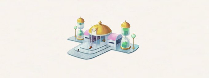 An isometric illustration depicts a small futuristic building with gold-domed towers containing green liquid, alongside tiny figures on a white background.
