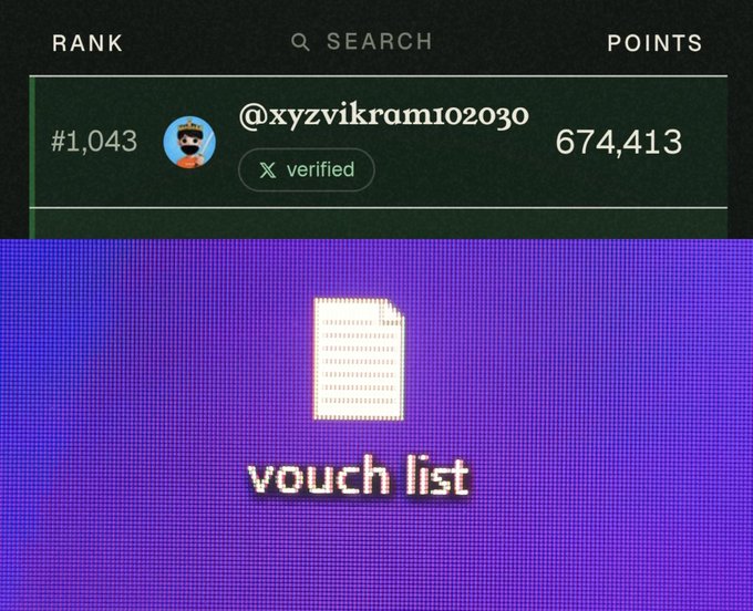 A ranking display shows user @xyzvikram102030 at rank #1,043 with 674,413 points, marked as verified on X, above a 'vouch list' file icon.