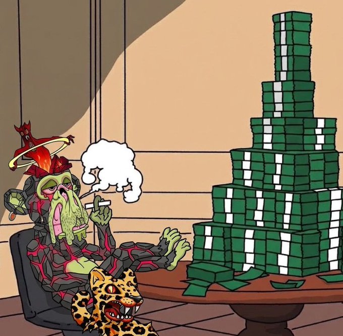 An illustration of a green, zombie-like creature wearing a black and red outfit sitting in a chair and smoking, next to a leopard with glowing yellow eyes and a tall stack of green banded money.