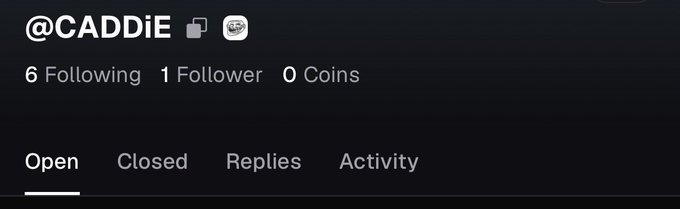 A social media profile page for '@CADDDIE' shows 6 Following, 1 Follower, and 0 Coins, with navigation tabs for Open, Closed, Replies, and Activity.